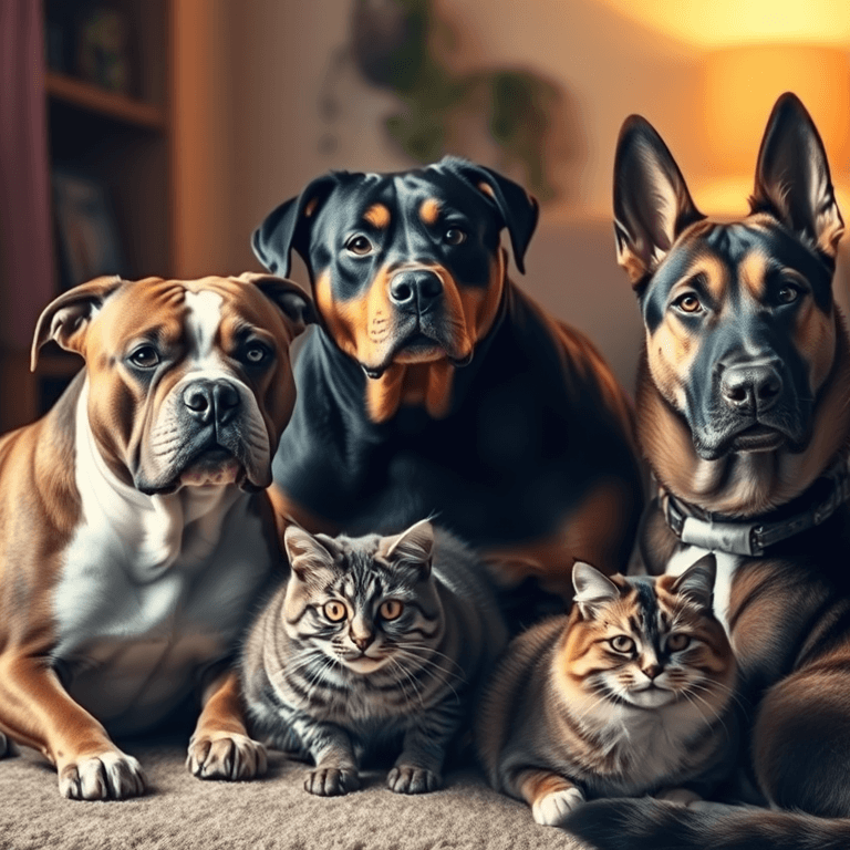 A group of power breed dogs, a pitbull, a rottweiler, a german shepherd, and two cats.